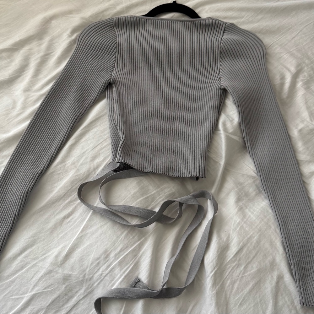 Grey Ribbed Wrap Top with Tie Waist – Long Sleeve - Picture 2 of 3
